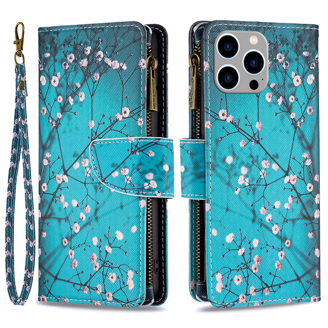 BF03 Zipper Pocket Phone Cover for iPhone 15 Pro Max , Pattern Printing Stand PU Leather Wallet Case - Plum Blossom BF03 Zipper Pocket Phone Cover for iPhone 15 Pro Max , Pattern Printing Stand PU Leather Wallet Case - Plum Blossom